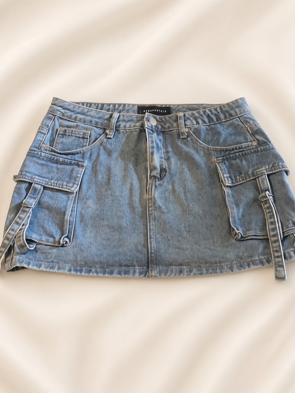 Aeropostale Faded Blue Denim Cargo Mini Skirt with Strap Pockets